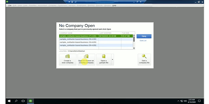 Open Company File in QuickBooks